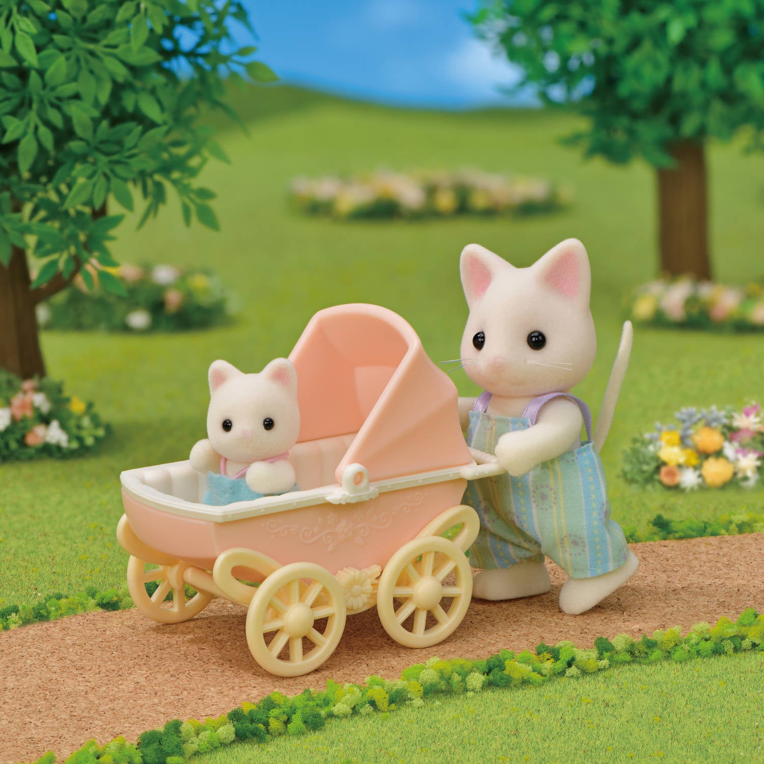 Floral Cat Father & Baby Carriage Set