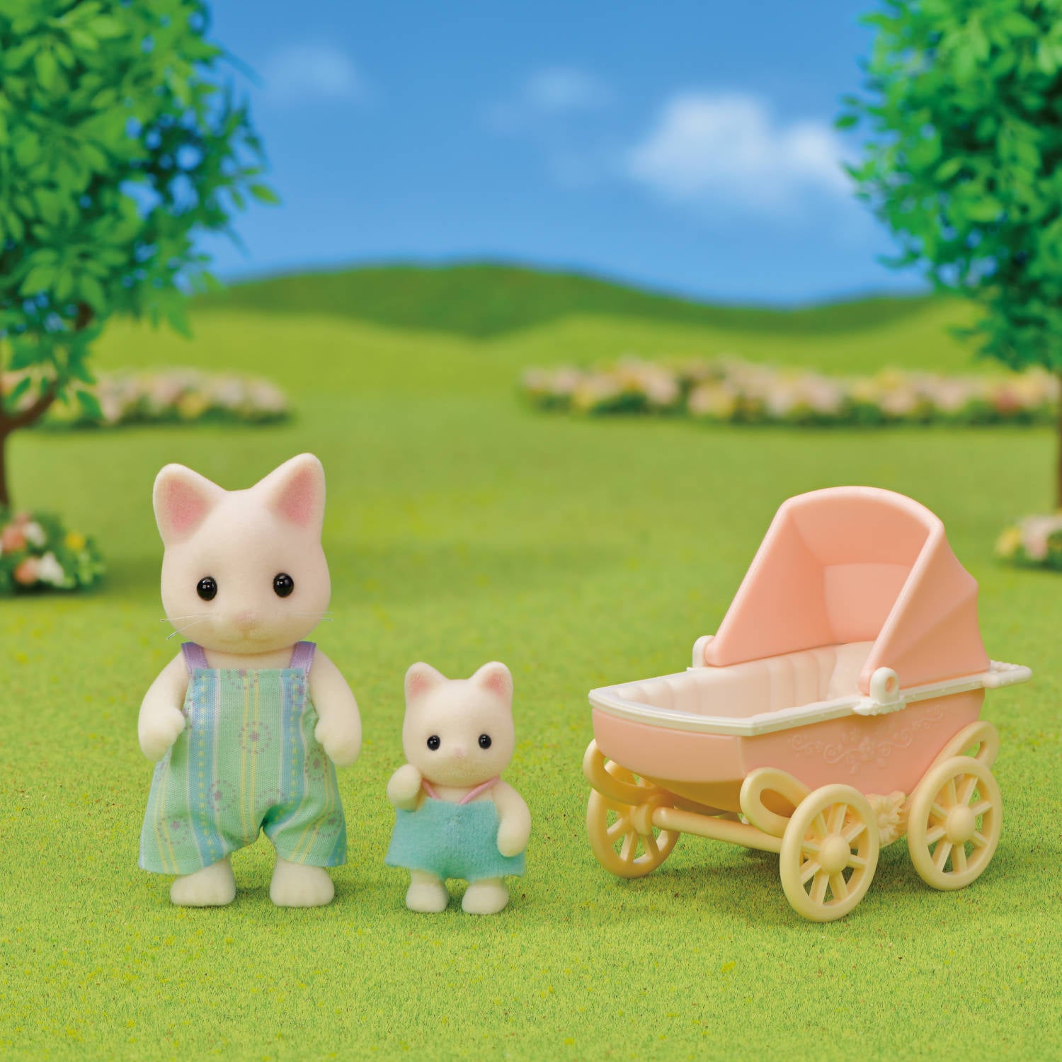 Floral Cat Father & Baby Carriage Set